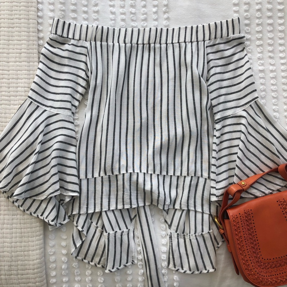 Blush Striped Off Shoulder Bell Sleeve Top Cross Back Asymmetric Hem NWOT Size S